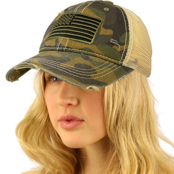 🆕 Olive American Flag Camo Ponytail Cap